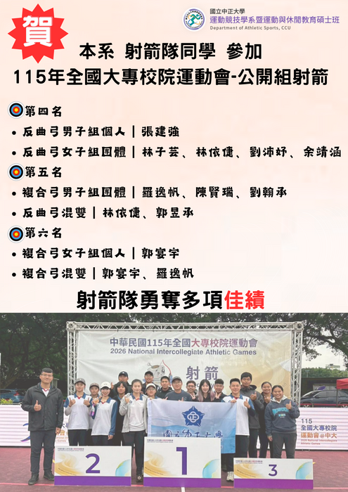本系 射箭隊同學 參加 115年全國大專校院運動會公開組射箭項目勇奪佳績