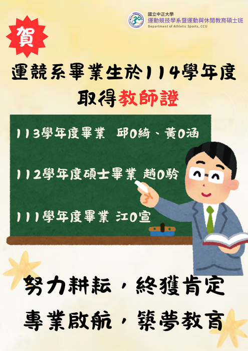 114學年度運競系系友取得教師證